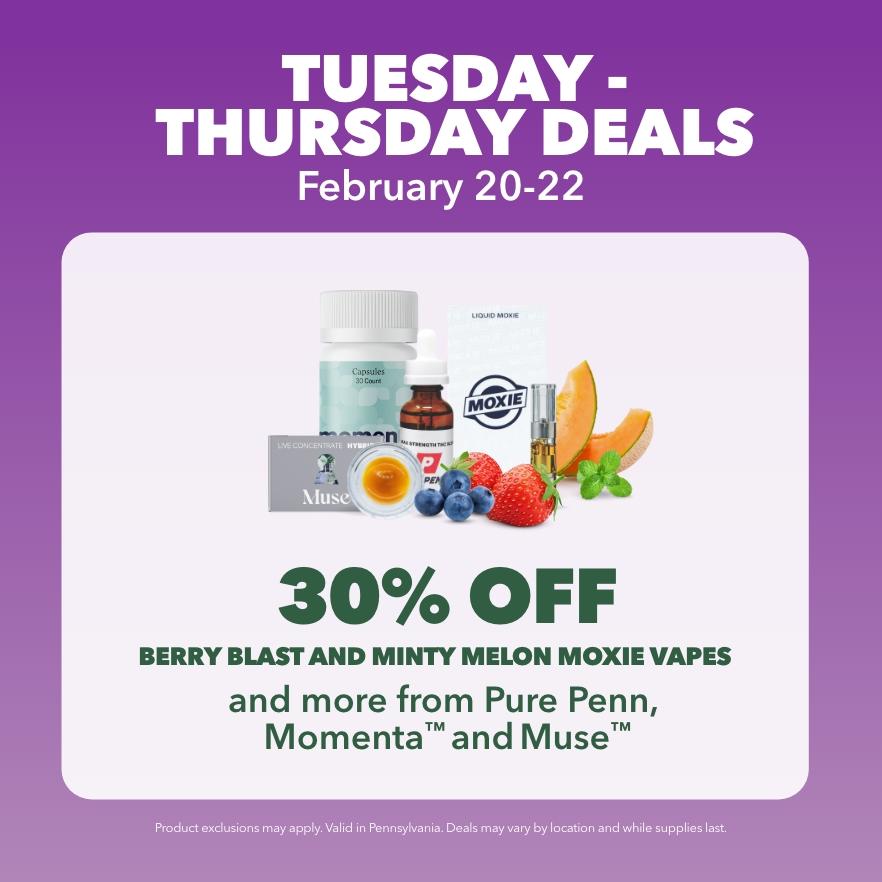 30% Off Berry Blast and Minty Melon Moxie Vapes and more from Pure Penn, Momenta'™ and Muse™