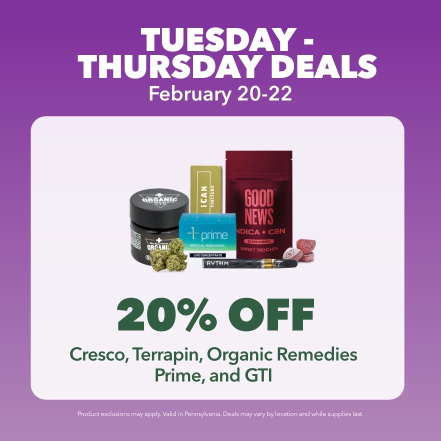 20% OFF Cresco, Terrapin, Organic Remedies Prime, and GTI